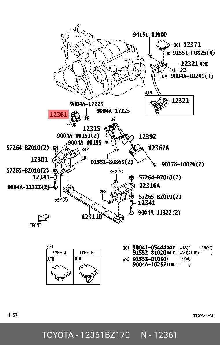 bi-ページ 12361BZ162 Genuine Toyota INSULATOR, ENGINE MOUNTING, FRONT 12361
